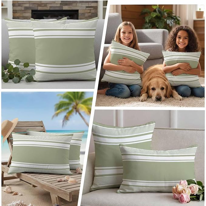 Outdoor Waterproof Throw Pillow Covers, Sage Green Striped Decorative Pillow Cases, Modern Color Block Farmhouse Stripes Couch Pillow Protector Patio Sofa Cushion Covers Replacement 20"x20" 2 Pack