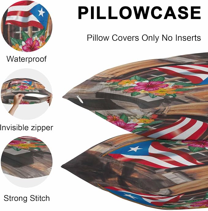 Puerto Rico Flag Outdoor Pillow Covers 20x20 Inch Throw Pillow Covers Set of 2 Waterproof Decorative Pillow Cases Farmhouse Retro Flowers American Flags Cushion Covers for Patio Furniture Garden Couch