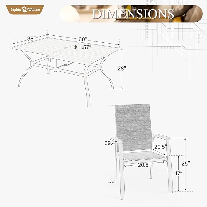 Sophia & William Patio Table and Chairs Set 7 Pieces, 6 Aluminium Patio Dining Chairs with 60" x 38" Metal Dining Table, Stackable and Easy to Move for Outdoor Garden Lawn (Beige)