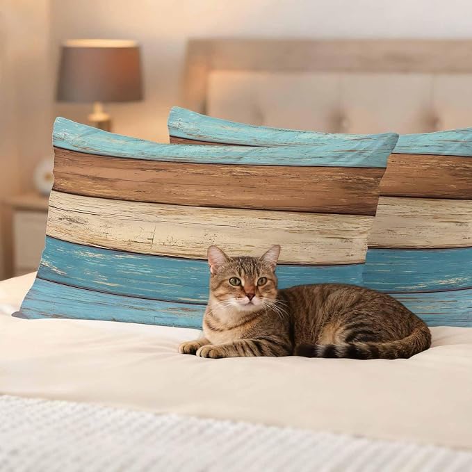 Farmhouse Light Blue Brown Outdoor Waterproof Pillow Covers, Vintage Wooden Striped Decorative Rectangle Throw Pillowcase Sofa Cushion Sham for Patio/Couch/Chair, 20"x12" 2 Pack