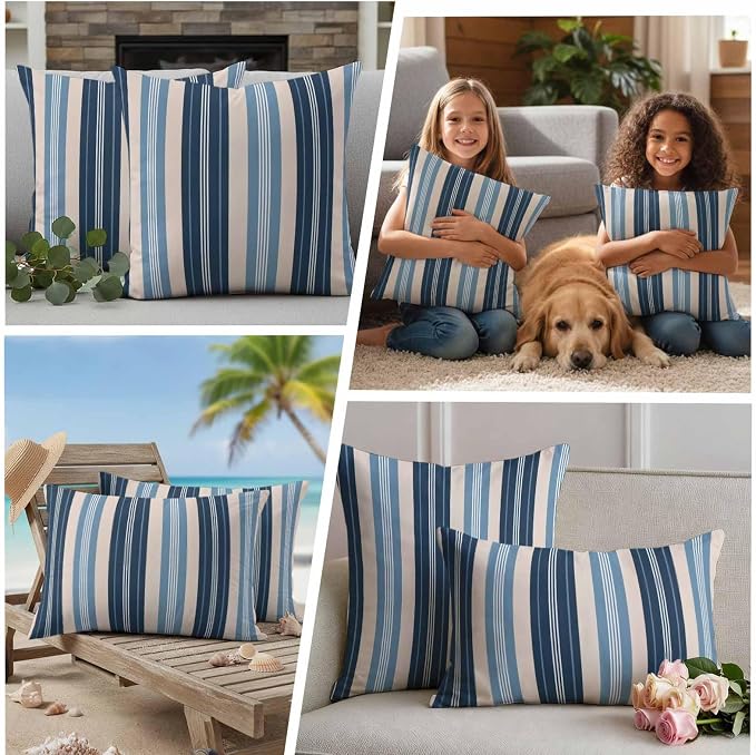 Blue Beige Striped Waterproof Outdoor Pillow Covers Set of 2 Home Decor, Modern Stripes Art Farmhouse Pillowcase Patio Pillow Covers for Couch Bench Furniture Garden 24x24in