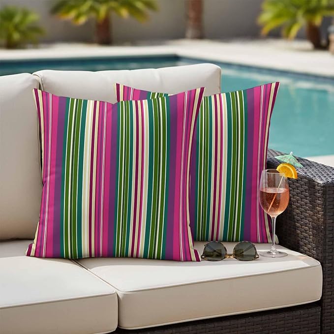Outdoor Waterproof Throw Pillow Covers Set of 2 Pink Striped Pillowcases 18x18 Inches Geometric Green Stripes Decorative Pillows Cushion Case Patio Pillows for Couch Bed Chair Garden