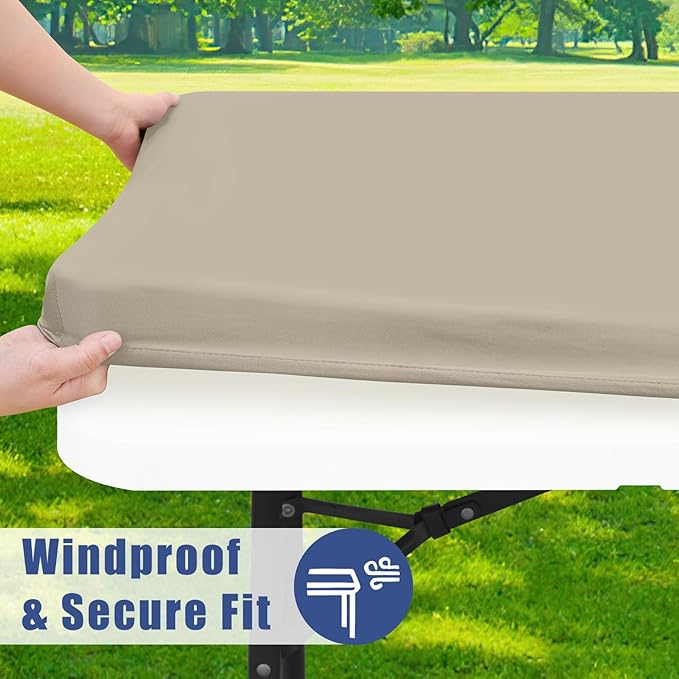 Moosfor Spandex 8 Foot Rectangle Table Cloth 2 Pack, Elastic Fitted Tablecloths for Picnic, Stretch Washable Patio Table Cover for Outdoor, Camping, Banquet and Parties (Taupe, 30"x96")
