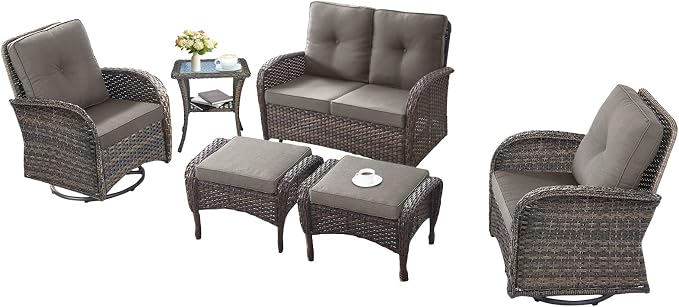 6 Pieces Patio Wicker Furniture Set-Outdoor Swivel Chairs Set of 2 Outdoor Glider Love seat with Outdoor Footstool Patio Furniture for Deck Porch Garden Balcony Poolside-Brown/Grey