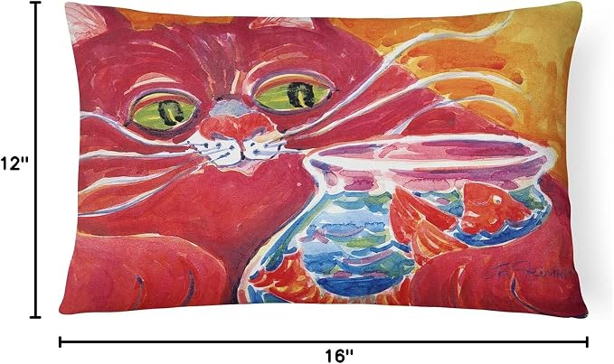 Caroline's Treasures 6048PW1216 Big Red Cat at the Fishbowl Canvas Fabric Decorative Pillow Machine Washable, Indoor Outdoor Decorative Pillow for Couch, Bed or Patio, 12HX16W