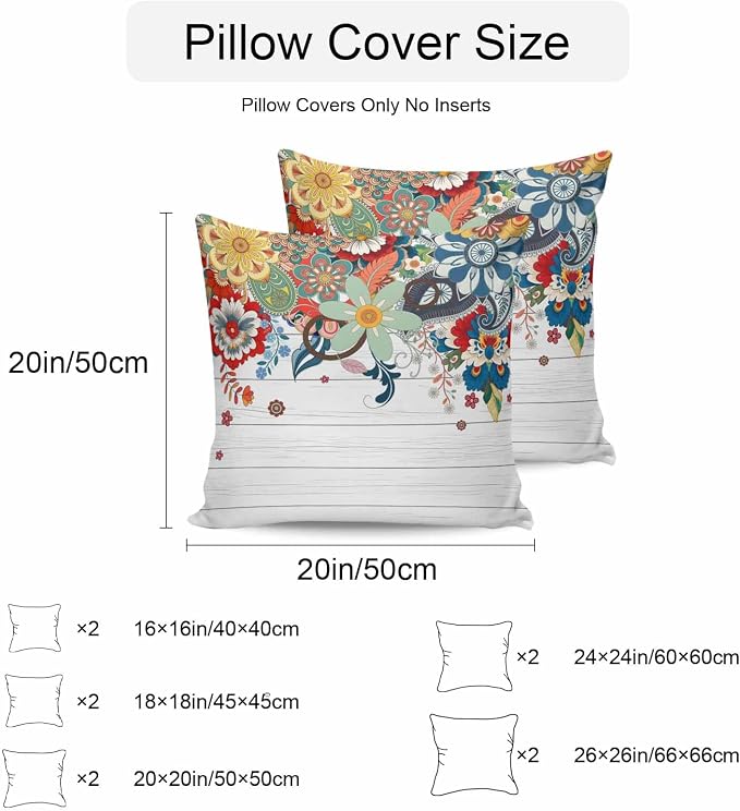 Boho Flowers Waterproof Outdoor Pillow Covers Set of 2 Home Decor, Bohemian Abstract Floral Vintage Wood Plank Pillowcase Patio Pillow Covers for Couch Bench Furniture Garden 18x18in