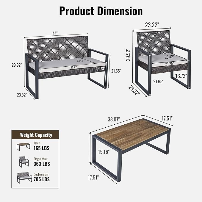 OVENTA Outdoor Patio Furniture Set, 4 Piece Rattan Chairs with Coffe Table for Backyard, Balcony, Deck, Front Porch, Patio Conversation Seating Sets for Outside, Juego Muebles de Exterior(Brown)
