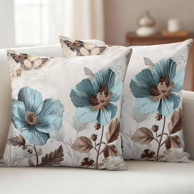 Teal Blue Floral Waterproof Outdoor Pillow Covers 18''x18'' Set of 2, Vintage Brown Flowers Butterfly Plant Patio Furniture Cushion Covers for Chairs, Decorative Pillow Cases for Garden/Pool/Beach