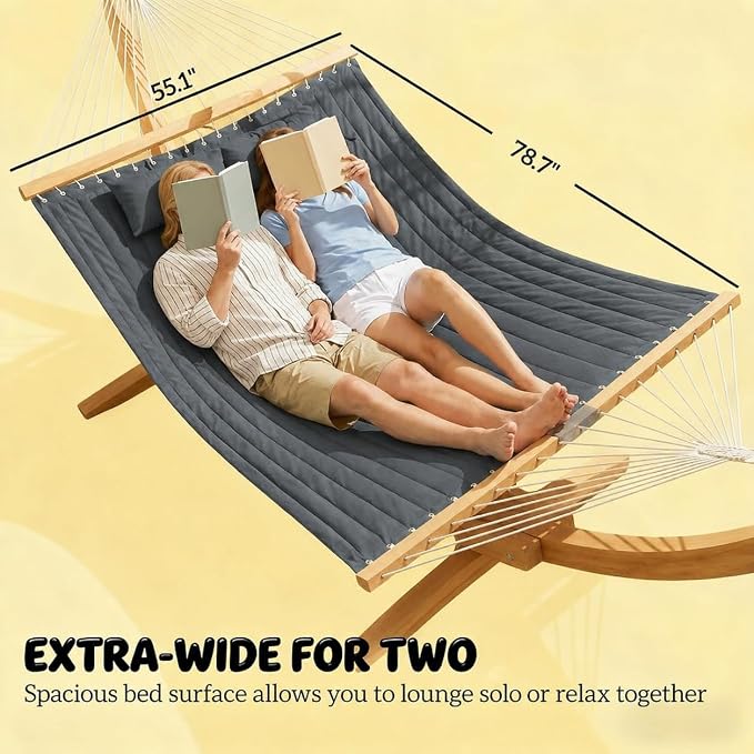 2-Person Tree Hammock Outdoor, Portable Double Hammock Without Stand, Detachable Headrest Magazine Pocket, 450 lbs Capacity, Camping Patio Backyard Indoor Outdoor Hammock Bed (Gray)
