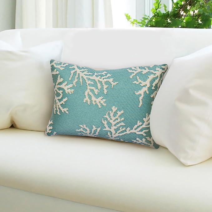 Liora Manne Marina Indoor/Outdoor Power Loomed Easy Care Pillow - Transitional Border Coastal Beach Accent (Coral Edge Aqua) (12" x 18")