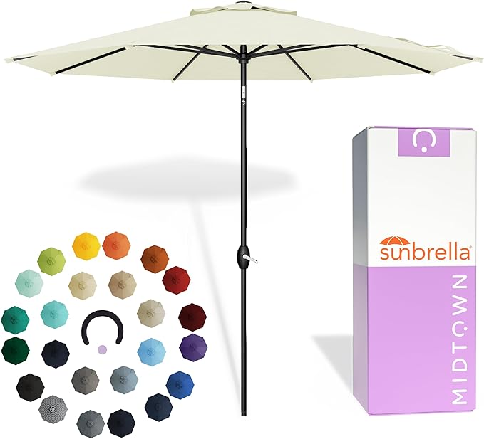 Midtown Umbrellas - The Lean 9 Ft Patio Umbrella with Fade-Resistant Sunbrella Fabric, Auto-Tilt Aluminum Frame and 8 Reinforced Ribs for Deck, Pool & Garden - Canvas Natural Canopy, Black Pole
