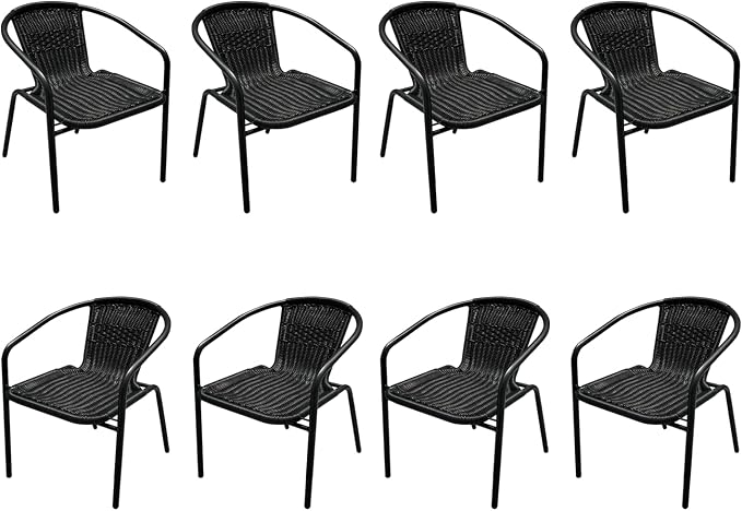 8 Pack Black Stackable Outdoor Rattan Chairs, All-Weather Patio Seating for Balcony Porch Lawn, Small Patio Furniture Set for Front Porch Decor & Outdoor Spaces