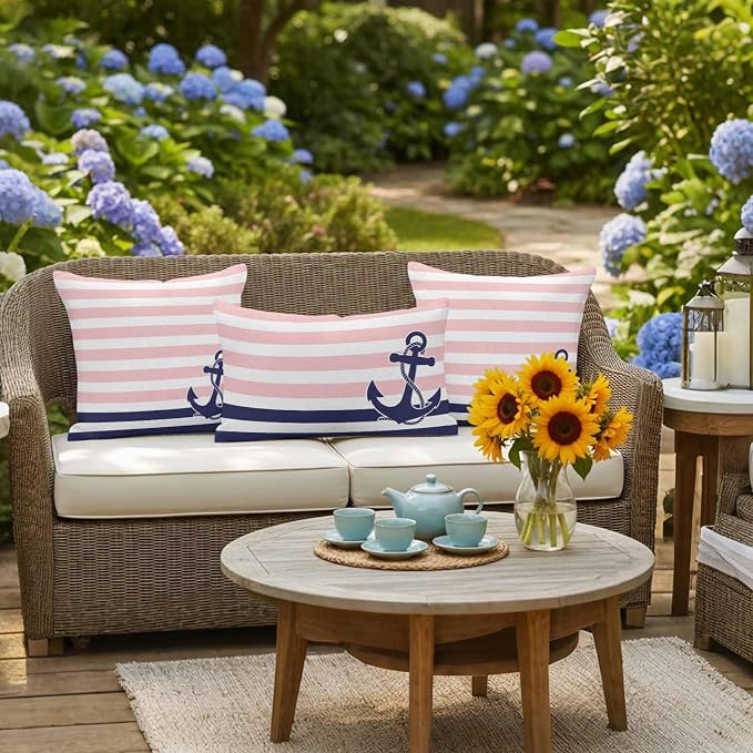 Anchor Pink Waterproof Outdoor Pillow Covers Set of 2 Home Decor Modern Navy Blue White Striped Nautical Pillowcase Patio Pillow Covers for Couch Bench Furniture Garden 18x18in