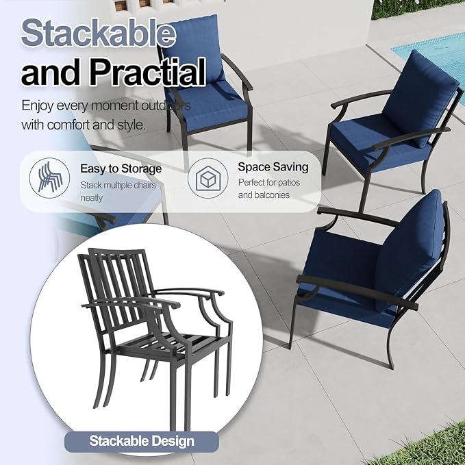 9 Piece Outdoor Dining Set for 8, Metal Patio Table and Chairs with Cushions, Patio Furniture Set with 2 Swivel Chairs, Rectangular Metal Dining Table with Umbrella Hole, Lawn Deck Yard-Navy