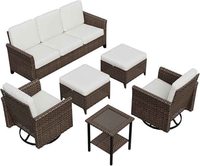 COOS BAY Harbor Retreat 6 Piece Outdoor Furniture Set, Patio Conversation Set with Swivel Rocking Chairs, 3 Seat Couch, Side Table and Ottomans, Wicker Furniture, Brown/Beige