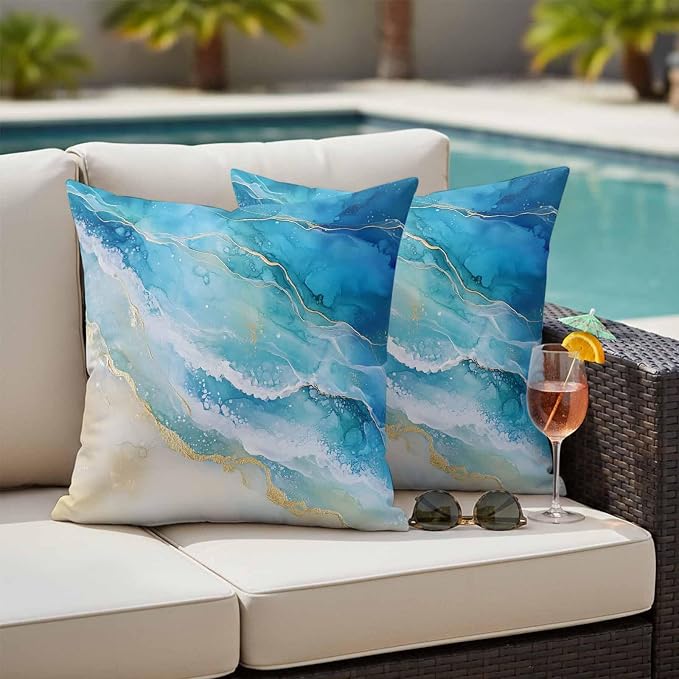 Abstract Waves Outdoor Waterproof Throw Pillow Covers Set of 2, 20"x20", Surrealism Spray Beach Ocean Watercolor Decorative Pillow Covers Outside Cushion Case for Patio Porch Garden
