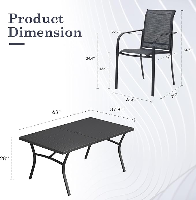 Patio Table and Chairs Set for 6, Outdoor Dining Set with 6 Stackable Dining Chairs and 63.1" x 28" Rectangle Patio Metal Table for Backyard, Deck, Lawn, Garden, Grey & Black