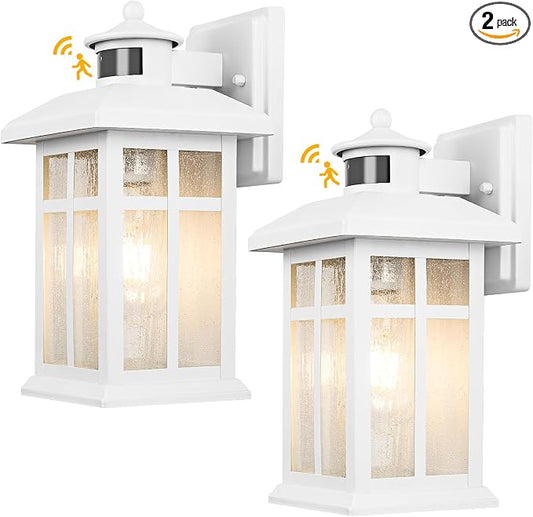 2 Packs Motion Sensor Outdoor Lights, Outside Light Fixtures for House | Porch Lights Outdoor with E26 Sockets & Tempered Glass, Dusk till Dawn Waterproof Exterior Wall Lights Motion Sensor, White