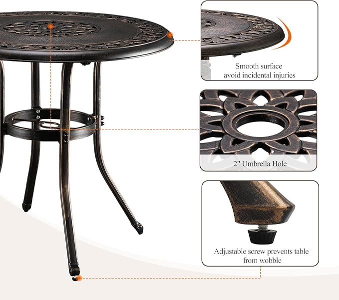 VINGLI 3 Pieces Outdoor Patio Table and Chairs Set with Umbrella Hole, Cast Aluminum Outdoor Dining Set with 2 Chairs and One Table for Yard, Garden, Porch and Poolside, Bronze