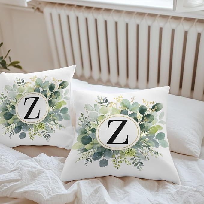 Letter Z Waterproof Outdoor Pillow Covers Set of 2 Home Decor, Alphabet Green Eucalyptus Leaves Pillowcase Patio Pillow Covers for Couch Bench Patio Furniture Garden 18x18in