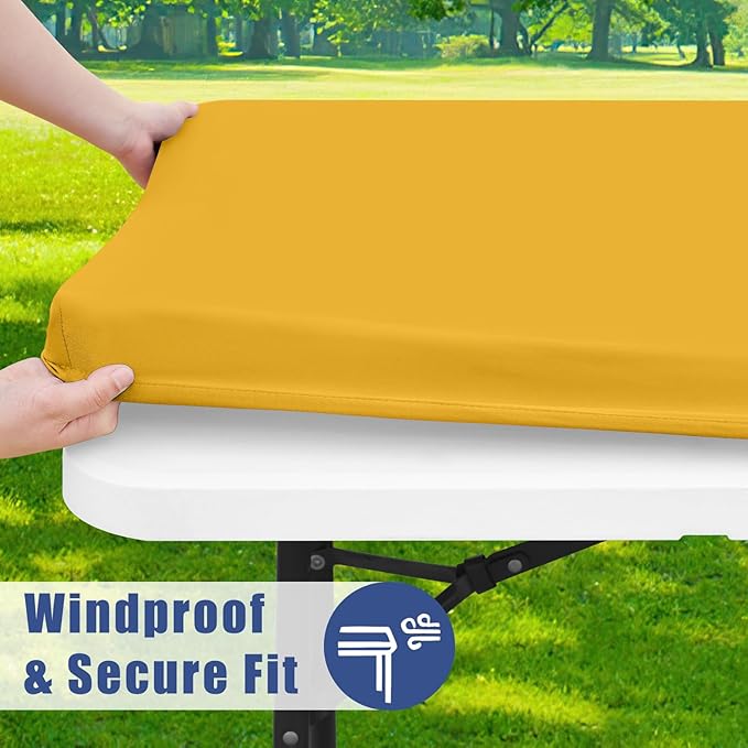 Moosfor Spandex 8 Foot Rectangle Table Cloth 2 Pack, Elastic Fitted Tablecloths for Picnic, Stretch Washable Patio Table Cover for Outdoor, Camping, Banquet and Parties (Mustard Yellow, 30"x96")