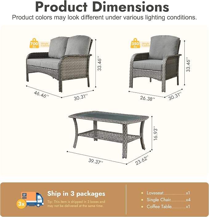 6 Pieces Patio Furniture Set, All-Weather Rattan Wicker Outdoor Furniture Loveseat Chairs with Coffee Table, High Back Conversation Set for Porch, Backyard, Balcony,Dark Grey