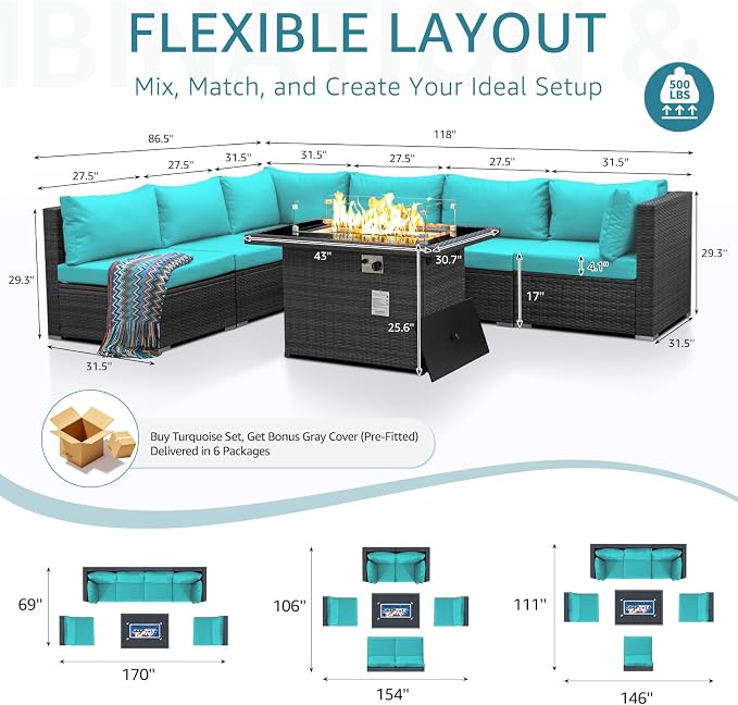 NICESOUL 7 Piece Large Modern Patio Furniture Set with Propane/Gas Firepit Table, 29.3'' High Back Comfy Wicker Sectional Sofa Couches with Fire Pit, Outdoor Deep Conversation, Fade-Proof, Turquoise