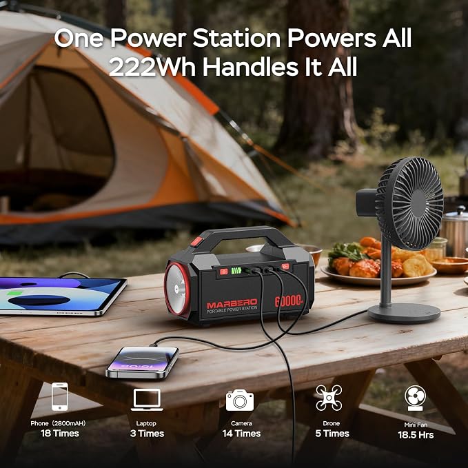 MARBERO Power Bank 60,000mAh Portable Power Station 222Wh with 60W PD Fast Charge & LED Light for Home Backup Outdoor Camping RV Travel and Emergency Power Supply