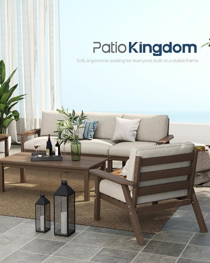 Patio Furniture Set with Washable Thick Beige Cushions, HDPE Outdoor Couch, All-Weather Outdoor Sectional Furniture, Patio Conversation Sets for Lawn, Garden, Porch (Brown Frame)
