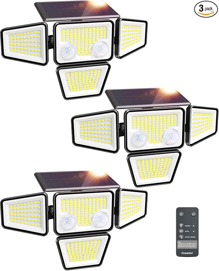 Ensenior Solar Lights Outdoor, Motion Sensor Outdoor Light with Remote Control, IP65 Waterproof 279 LED 4 Heads Solar Security Light with 4 Mode, 270° Wide Angle Solar Flood Light for outdoor, 3 Packs