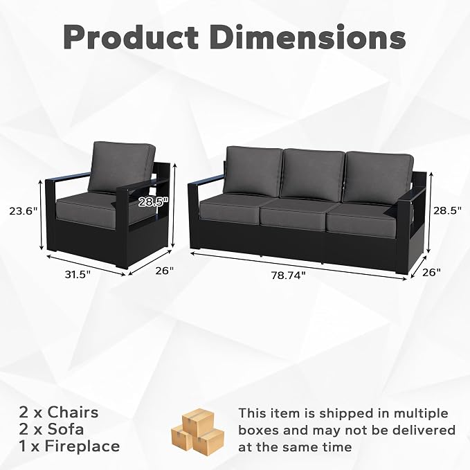Outdoor Aluminum Furniture Set, 5-Piece Patio Conversation Set, 2 Swivel Chairs, 2 Sofa and 1 Fireplace, All-Weather Metal Frame, 6" Thick Removable Cushions, Deep Setting for Garden and Porch