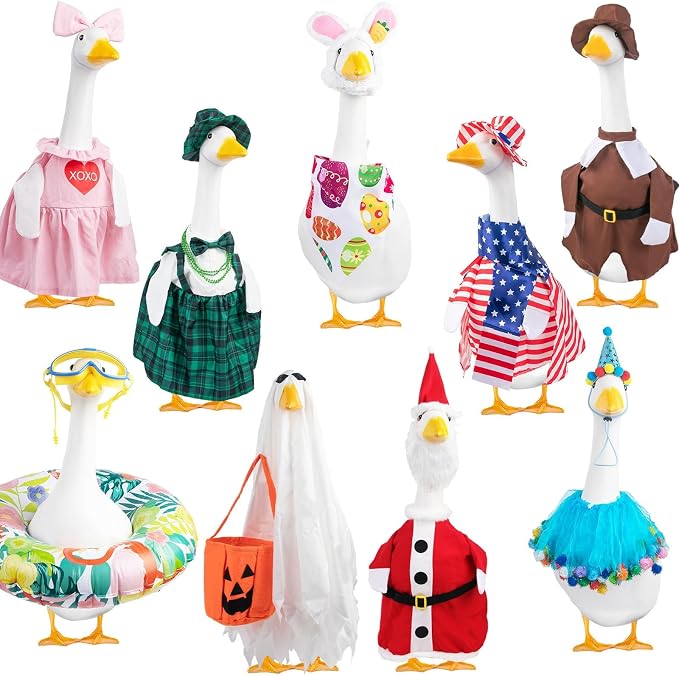 9 Set Holiday Porch Goose Outfits All Seasons for 23" Lawn Goose Statue | Summer Birthday Halloween Thanksgiving Christmas Valentine Easter 4th of July Patriotic Porch Goose Clothing for Patio Decor