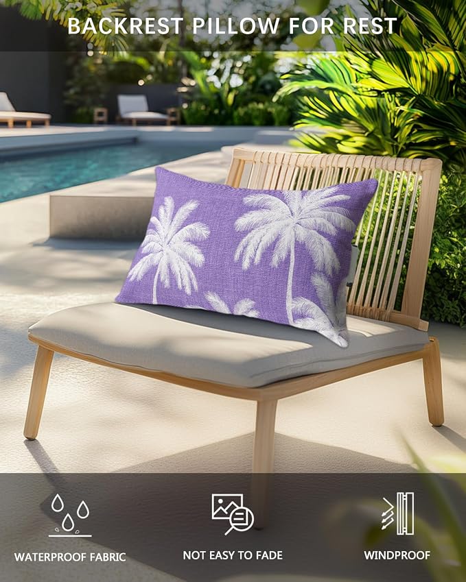 Pack of 4 Outdoor Lumbar Pillow Covers 11x16 Inch, Purple Palm Trees Waterproof Throw Pillow Covers Set, Farmhouse Tropical Summer Beach Indoor&Outdoor Decorative Cushion Cases for Patio Porch Car