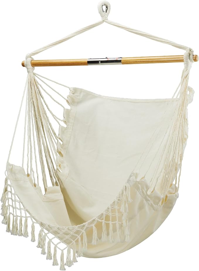 Bliss Hammocks BHC-412FR 40" Island Rope Fringe Hammock Chair w/Hanging Hardware & Spreader Bar, Outdoor, Patio, Lawn, Eco-Friendly, Hand-Woven, 250 Lbs Capacity, Natural