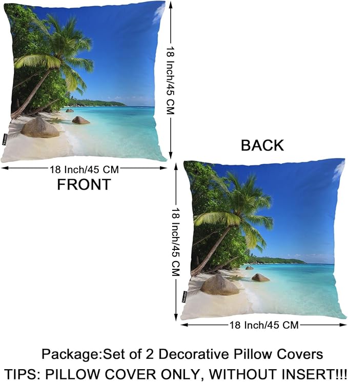 Swono Throw Pillow Covers Ocean Beach, Tropical Ocean Sea Palm Trees Accent Cushion Covers Decorative Pillowcase for Men Women, Livingroom Sofa Bed Pillows Covers, 18x18 Inch, Set of 2