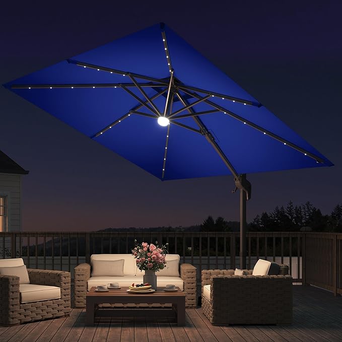 JZAC & QZYD 9x9 FT Outdoor Cantilever Patio Umbrella with Solar LED Lights, Large Heavy Duty 2-Tier Canopy Square Aluminum Offset Umbrellas with 360-Degree Rotation for Pool Deck Backyard, Navy