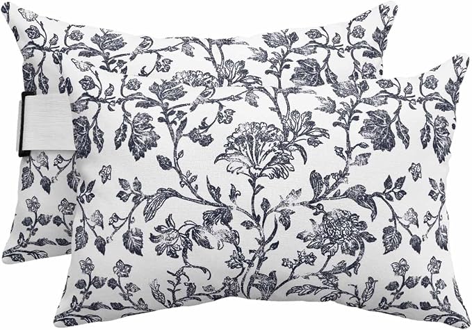 Pack of 4 Outdoor Lumbar Pillow Covers 12x20 Inch, Dark Blue Flowers Waterproof Throw Pillow Covers Set, Pastoral Vintage Farmhouse Leaf Spring Indoor&Outdoor Cushion Cases for Patio Porch Beach