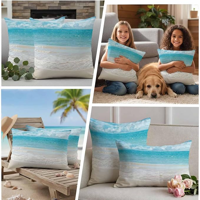 Yukro Coastal Ocean Outdoor Waterproof Pillow Covers Pack of 2, Ocean Waves Beach Sea Shore Throw Pillowcases Decorative Cushion Covers for Garden Patio Tent Sofa Couch, 26x26 inch