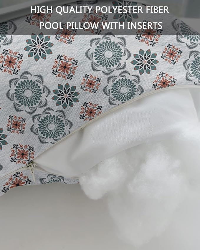 Outdoor Pillows Covers with Inserts Abstract Geometric Blue and Orange Flowers Waterproof Recliner Pillow with Adjustable Strap Throw Pillows for Patio Furniture Pool Lounge Chair, 12x20 inch, 2PCS
