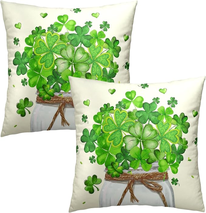 St. Patrick's Day Pillow Covers 22x22 Inch, 2 Pcs Green Shamrock Leaves Jar Holiday Farmhouse Throw Pillowcases Square Cushion Cover for Couch Bed Sofa Patio Porch Furniture Decor