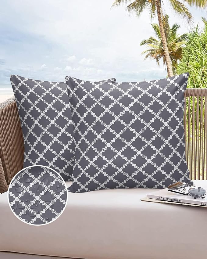 Outdoor Waterproof Pillow Covers for Patio Furniture Moroccan Pattern Decorative Throw Pillow Cover Dark Grey Pillowcases Set of 2 Cushion Case for Sofa Couch Chair Home Decor 24x24 inch