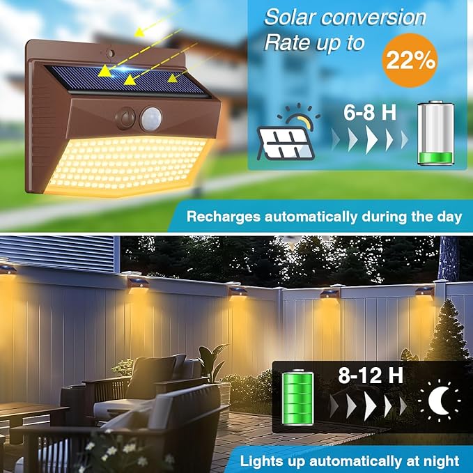 Solar Outdoor Lights, [2 Packs] Motion Sensor Security Lights with 3 Lighting Modes Wall Lights Waterproof Solar Powered Lights for Garden Yard, Brown Warm