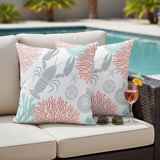 Teal Red Coastal Waterproof Outdoor Pillow Covers Set of 2 Home Decor Summer Lobster Coral Nautical Pillowcase Patio Pillow Covers for Couch Bench Patio Furniture Garden 24x24in