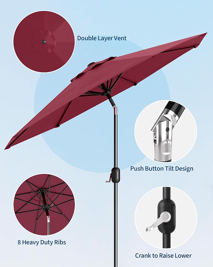 PeakPursuit 9FT Patio Umbrella Outdoor, Market Umbrella, Table Umbrella with Push Button Tilt and Crank, 8 Sturdy Ribs UV Protection Waterproof for Garden, Pool, Deck, Backyard