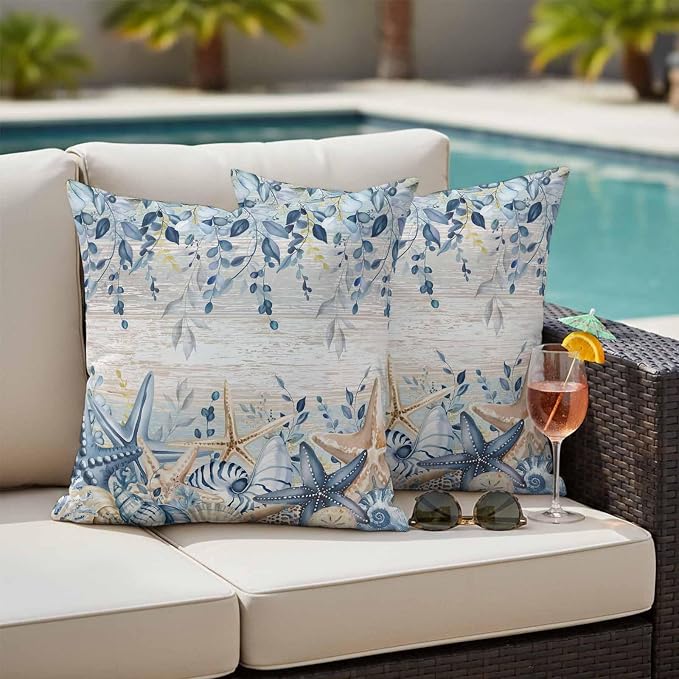Marine Life Outdoor Waterproof Throw Pillow Covers Set of 2, 16"x16", Watercolor Blue Beige Starfish Shell Leaves Wood Decorative Pillow Covers Outside Cushion Case for Patio Porch Garden