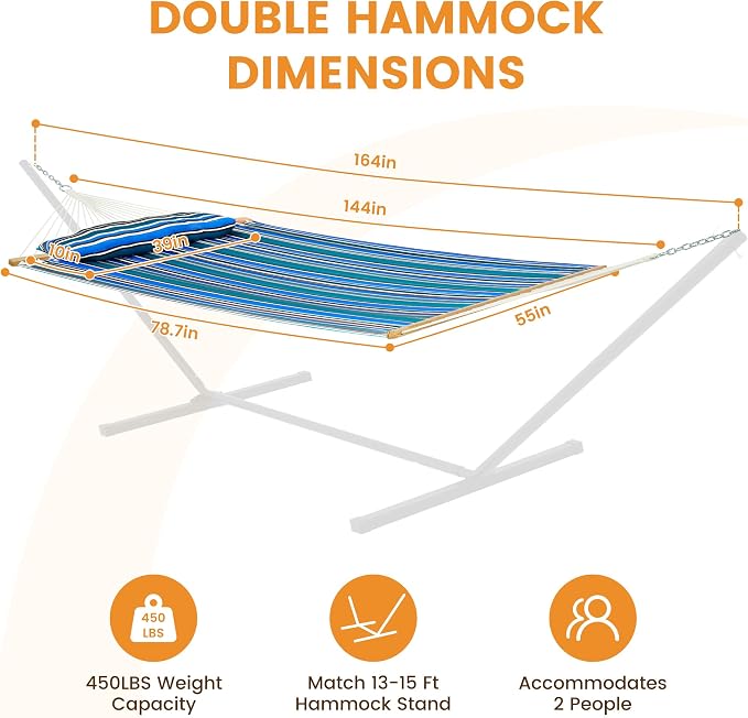 Lazy Daze Hammocks 12 FT Quilted Fabric Double Hammock with Spreader Bars and Detachable Pillow, 450lbs Weight Capacity