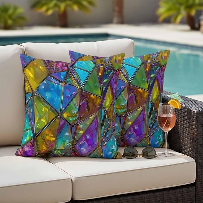Abstract Geometric Outdoor Waterproof Pillow Covers Set of 2, Rainbow Gradient Crystal Color Blocks Modern Pillowcase Decorative Throw Cushion Cases for Patio Garden Couch 26 x 26 Inches
