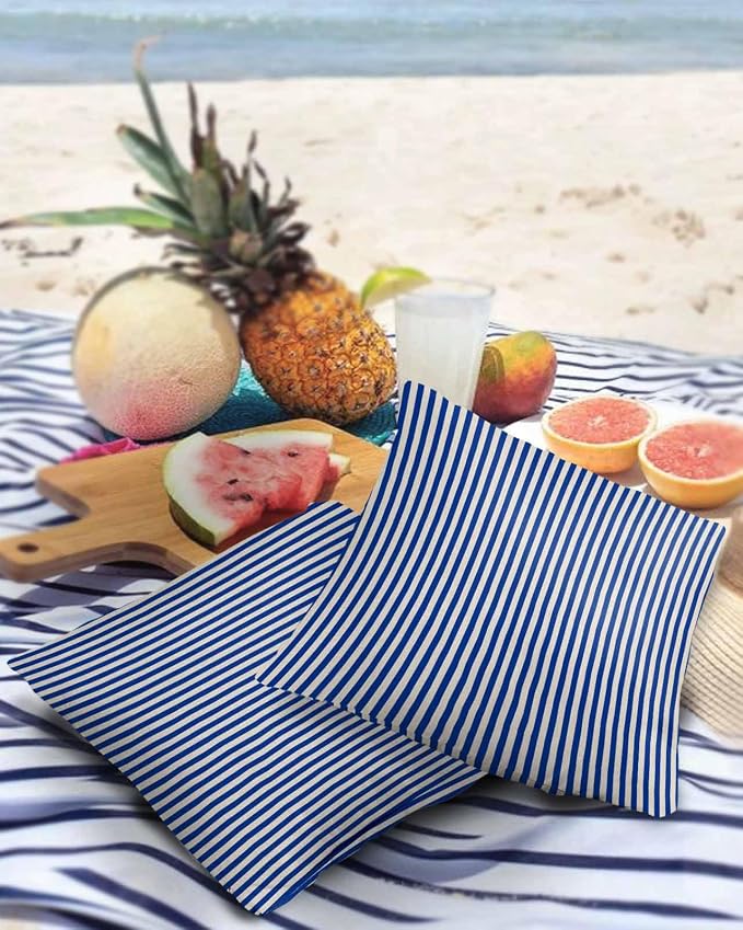 Outdoor Waterproof Throw Pillow Covers Set of 2 Navy Blue Stripes Pillowcases 16x16 Inches Linen Classic Vertical Striped Patio Decorative Pillows Cushion Case Patio Pillows for Couch Bed Chair Garden