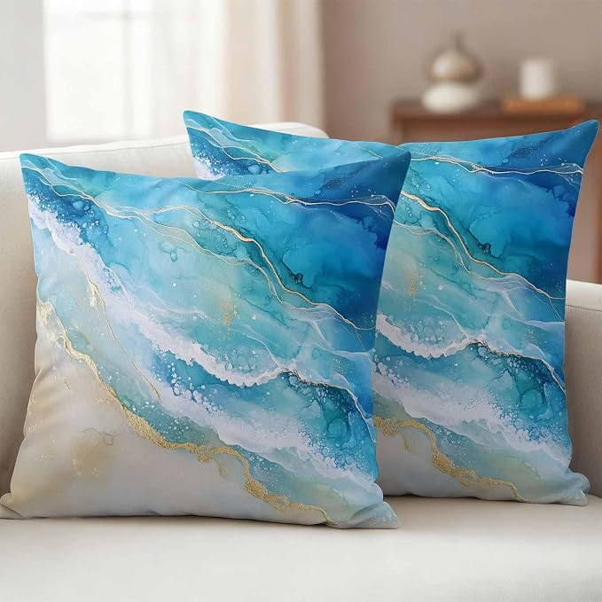 Abstract Waves Outdoor Waterproof Throw Pillow Covers Set of 2, 20"x20", Surrealism Spray Beach Ocean Watercolor Decorative Pillow Covers Outside Cushion Case for Patio Porch Garden