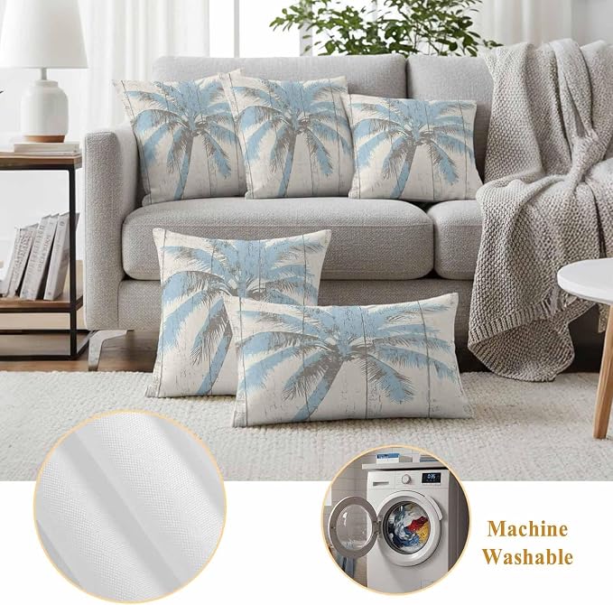Palm Trees Outdoor Waterproof Throw Pillow Covers Set of 2, 24"x24", Light Blue Vintage Wood Grain Decorative Pillow Covers Outside Cushion Case for Patio Porch Garden